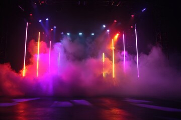 Fototapeta premium Stage lights show vibrant colors through smoky haze