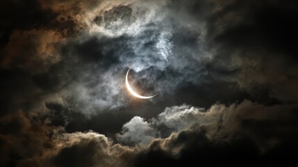 Partial Solar Eclipse Dark Clouds Crescent Sun