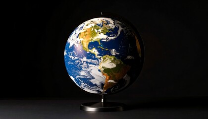 Fototapeta premium A detailed depiction of a spherical representation of planet Earth set against a dark, absorbing backdrop. 