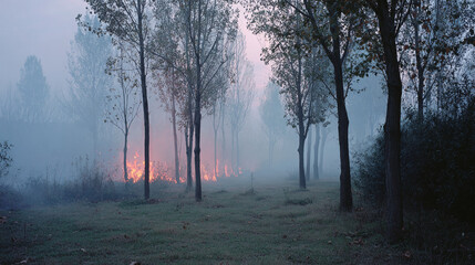 Ethereal forest fire: A line of flames dances amidst trees in a misty woodland, creating a surreal and ominous landscape.