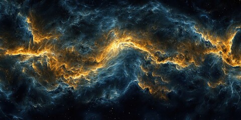A striking celestial landscape, characterized by swirling patterns of deep blues and fiery oranges, displays an ethereal and majestic cosmic scene.