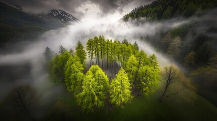 High-resolution 4K capture of pine forest immersed in early fog, taken with telephoto 70-200mm f2.8 lens, crisp detail with atmospheric tones