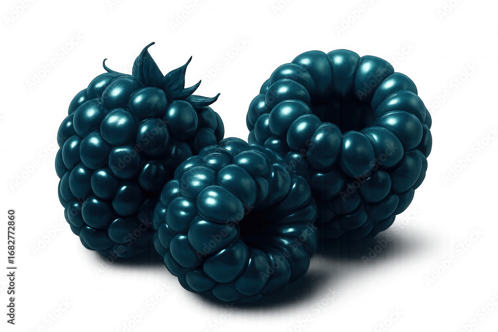 Poster three shiny blueberries with stems and textured skin rest on a transparent background, creating a si