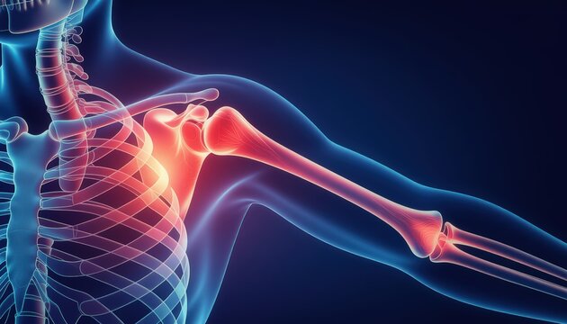 Digital X-ray style illustration of a human spine with highlighted herniated disc in glowing red, on a dark blue background. Modern medical diagnostic concept for healthcare, anatomy, and rehab. - Powered by Adobe