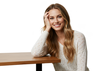 Smiling woman at table with hand on head on transparent background