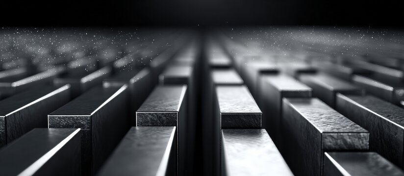 Abstract metallic blocks in a grid pattern.  Dark tones with light particles