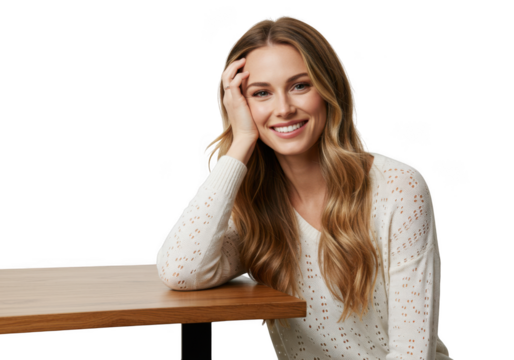 Smiling woman at table with hand on head on transparent background