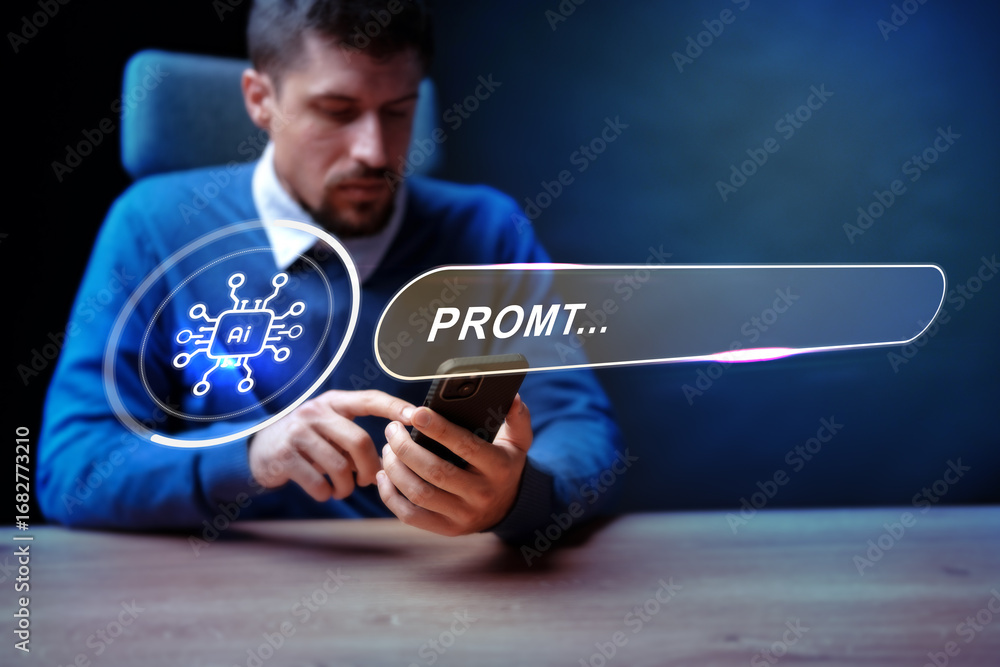 Poster man interacting with smartphone displaying ai features in a dimly lit workspace in the evening