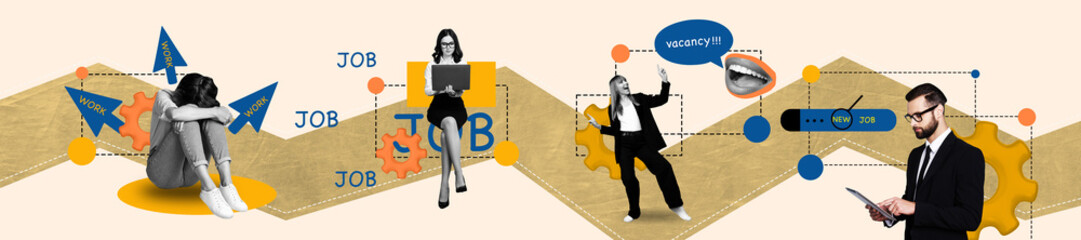 Exclusive full collection collage of happy business girl guy search new job offer gearwheel...