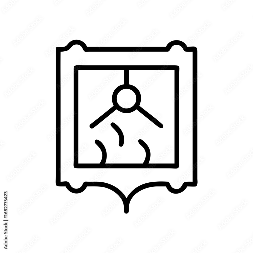 Poster illustration of a framed picture with a round object and curved lines hanging inside the frame desig