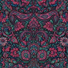 Intricate seamless paisley floral pattern, vibrant ornamental vector design, detailed flowers and leaves, swirling paisley motifs, pink, teal, turquoise, and deep purple color palette