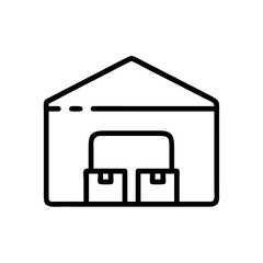 A line drawing of a warehouse with two boxes inside and a roof on top in a simple black and white style