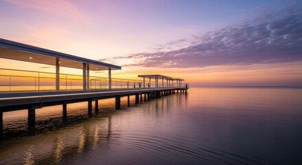 Obraz premium Pier extending over calm waters at sunset offering a serene waterfront view with colorful sky