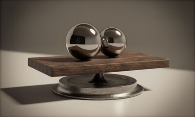 Two polished chrome spheres balanced on a wooden platform