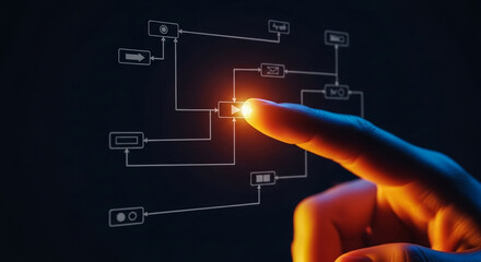 Technology at Your Fingertips: A hand interacts with a digital network diagram, an interactive exploration of intricate technological design.
