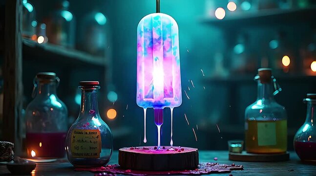 A glowing, colorful, and magical potion experiment in a dark laboratory setting.