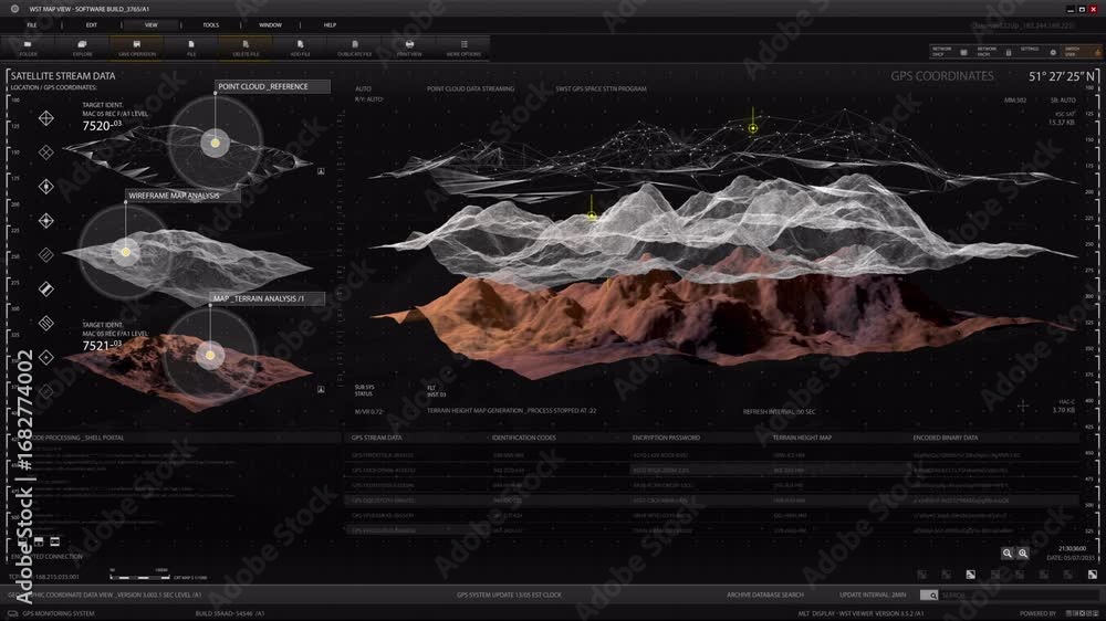 Poster futuristic satellite data analysis: 3d terrain mapping, gps tracking, and encrypted streams