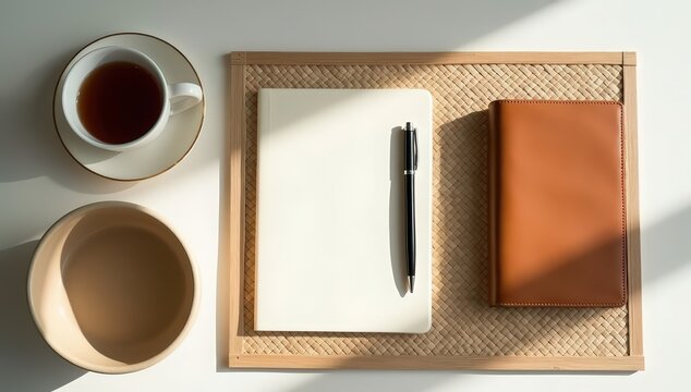 Warm cozy lifestyle scene with a steaming cup of coffee beside an open book on a wooden table. Soft sunlight through a window creates a relaxing and peaceful mood.