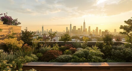 Fototapeta premium Golden hour over city skyline from rooftop garden, a vibrant urban oasis at sunset