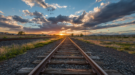 Fototapeta premium Railroad tracks stretch toward a vibrant sunset, with clouds painted across the sky, creating a sense of journey and the promise of a new beginning.