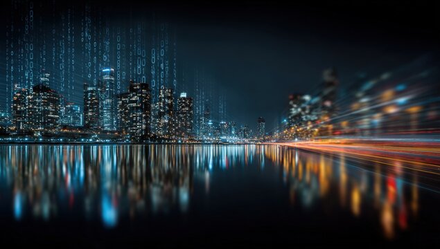 Night city skyline reflected in water with digital code overlay