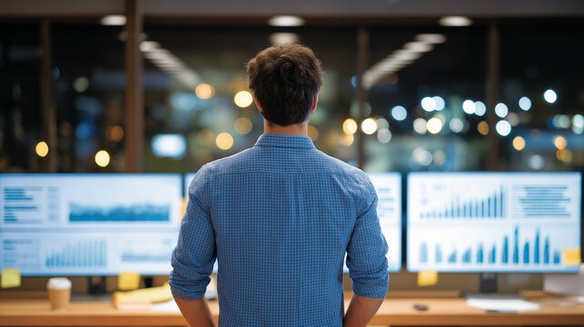 A marketing intern tracks campaign metrics in an office with dashboards glowing sticky notes on monitors coffee cups piling and a team reviewing ad performance captured in a