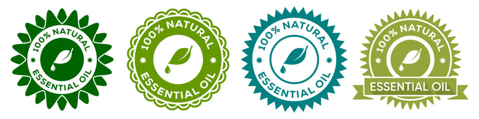 100 Percent Natural Essential Oil Badge Icons in Green and Blue
