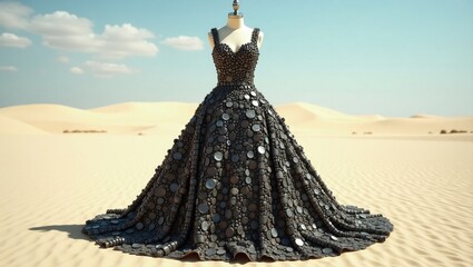 Elegant black gown with intricate detailing displayed on a mannequin in a desert landscape