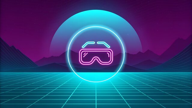 Retro Futuristic VR Goggles Icon on Neon Grid Landscape - Powered by Adobe