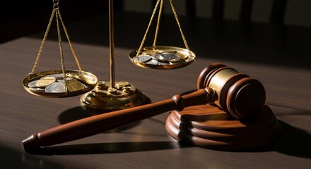 Close-up shot of a gavel and scales of justice on a wooden table, symbolizing law.