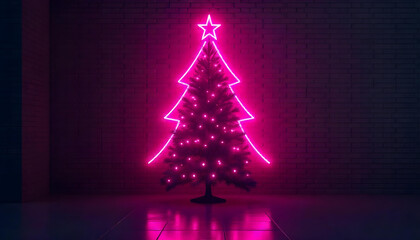 Modern neon pink Christmas tree against a dark brick background
