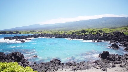 High-energy ocean waves striking coastal rocks in vivid 4K, taken with a 24-70mm f2.8 lens, strong contrast under dynamic natural daylight