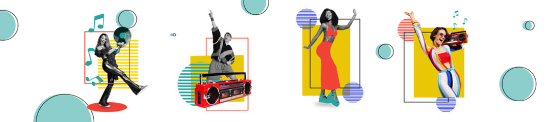 Panoramic full collection collage of happy girl guy enjoy boombox occasion celebrate weekend chill...