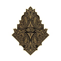 Art Deco inspired emblem with Malay batik paisley floral patterns arranged in symmetrical gold and black lines, luxurious vector design, elegant geometric style.
