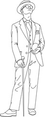 Art Vector lineart illustration showcasing a refined man in tuxedo and staff, hand-drawn elegance