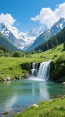 Obraz premium Scenic Waterfall in a Mountain Valley with Lush Greenery and Snow-Capped Peaks