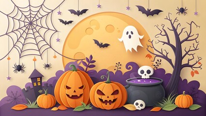 Halloween vector illustration with pumpkins, ghost, full moon, cauldron, bats, spider webs and spooky night background."
