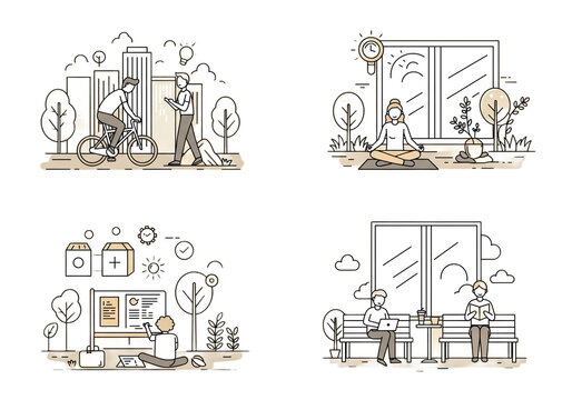 Energetic people embracing modern life, from cycling commutes to mindful moments and remote work