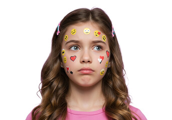 Young girl with expressive emoji stickers on her face, feeling whimsical and playful