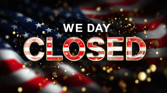 Festive closure notice with an American flag backdrop. An announcement in gold, red, and white, framed by blurred stars and stripes.