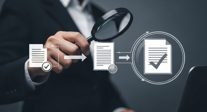 Business Document Verification: An individual, shrouded in an aura of professionalism, meticulously examines a stack of documents through a magnifying glass.