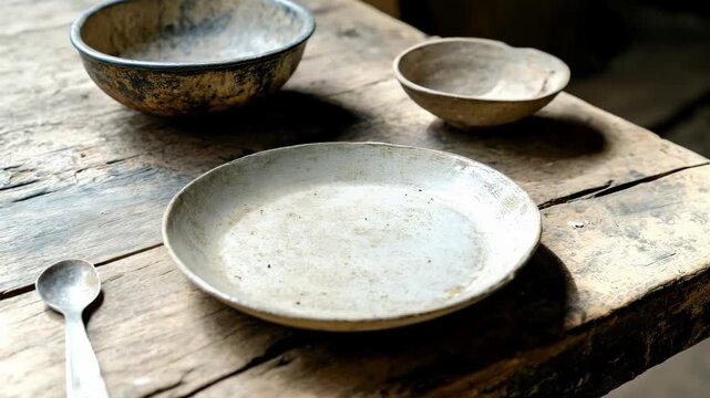 Empty ceramic bowls and a spoon on a worn wooden table, conveying scarcity, deprivation, and the absence of sustenance, highlighting need and lack of resources