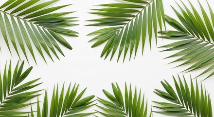 A top-down view of vibrant green palm fronds arranged in a decorative border on a clean white background, creating a tropical and natural aesthetic.
