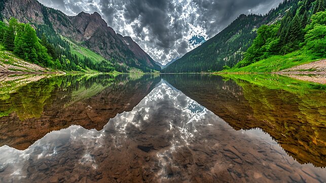 High-definition 4K shot of mountain lake reflection, captured with a mirrorless body and 50mm f1.8 lens, perfect balance of light and shadow