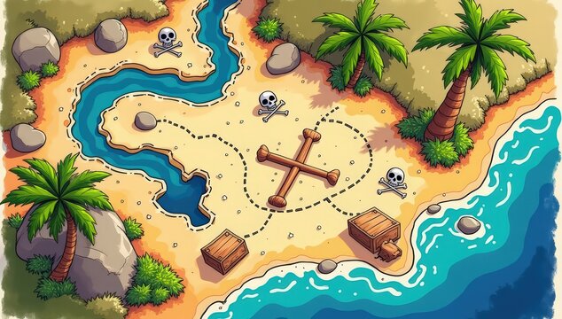 Hand-drawn doodle style illustration of a colorful treasure map with winding paths, obstacles, and a marked X goal. Creative sketchbook aesthetic symbolizing planning, problem-solving, and strategy.