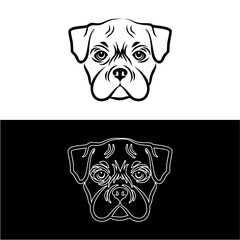 Symmetrical Boxer dog face portrait in a clean line art style, black and white vector illustration set for a pet-related logo or emblem