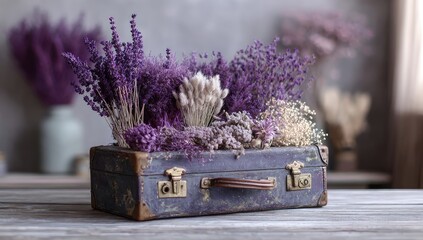 Dried lavender and other flowers arranged in an antique suitcase