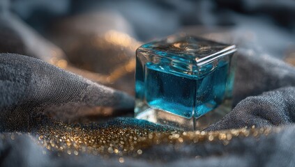 A small, square, clear glass bottle filled with a teal liquid rests on a textured, gray fabric, scattered with gold glitter.  Soft light highlights the bottle
