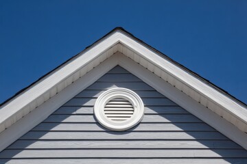 Gable roof circular vent allowing air circulation on clear day. Ventilation of the house. Fascia and Ridge. Grey metal tiles roof. Siding house exterior. Outdoor air conditioning. Architectural Detail
