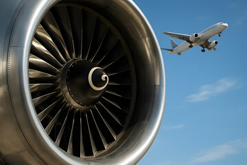 Airplane engine turbine close-up with plane flying in background, symbol of aviation, travel, engineering and modern aeronautics